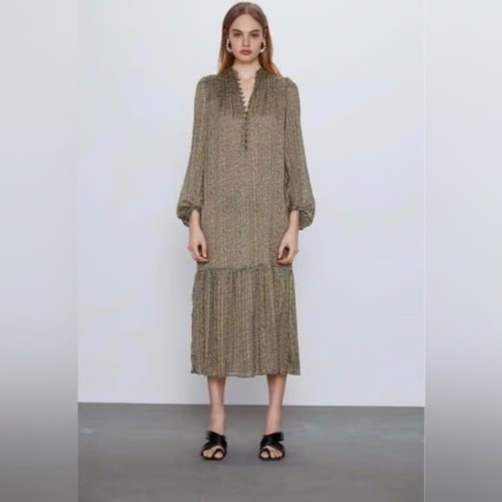 ZARA Metallic Pleated Midi Dress with Balloon Sleeves